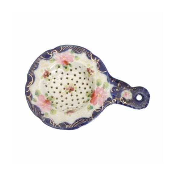 Vintage Tea Strainer and Drip Cup Hand Painted BNavy and Pink Flowers - Picture 2 of 10